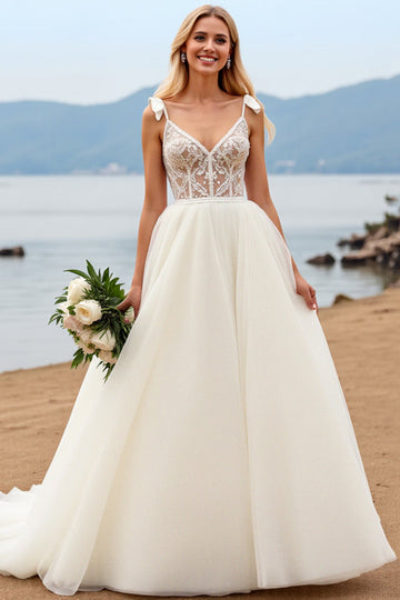 Ivory Spaghetti Straps A-Line Laced Tulle Long Bridal Dress